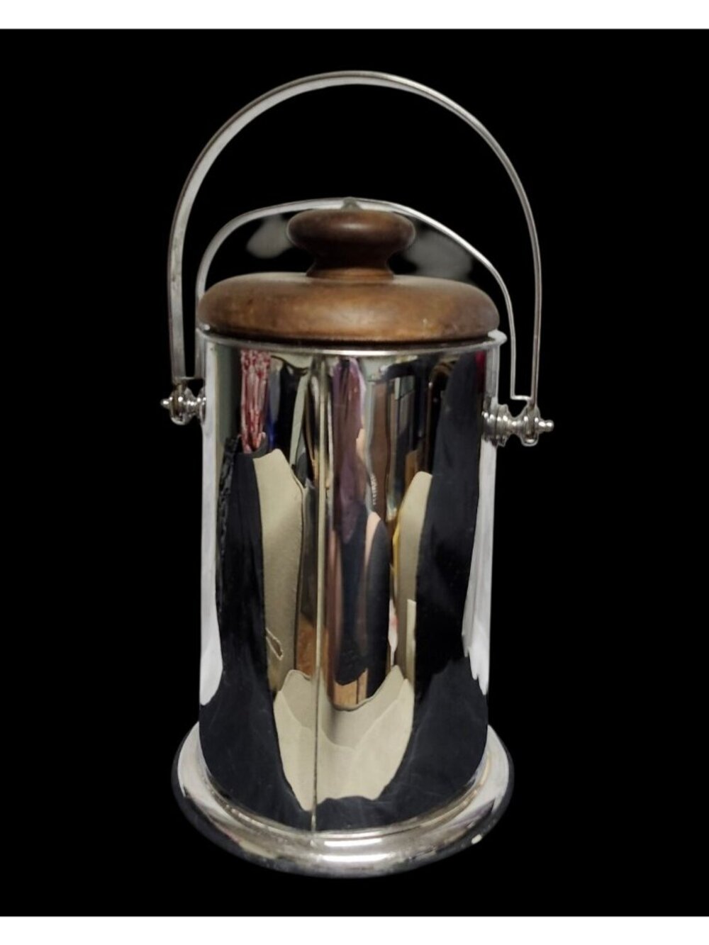 Vintage Manning-Bowman Art Deco Chrome Ice Bucket  Walnut Lid Rare Double Handle